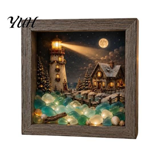 Christmas Desktop Night Light Sea Glass Shadow Box Light, 3D Winter Snow Scene Wooden Cozy Atmosphere Lamp Art Frame with LED Warm Glow, Landscape