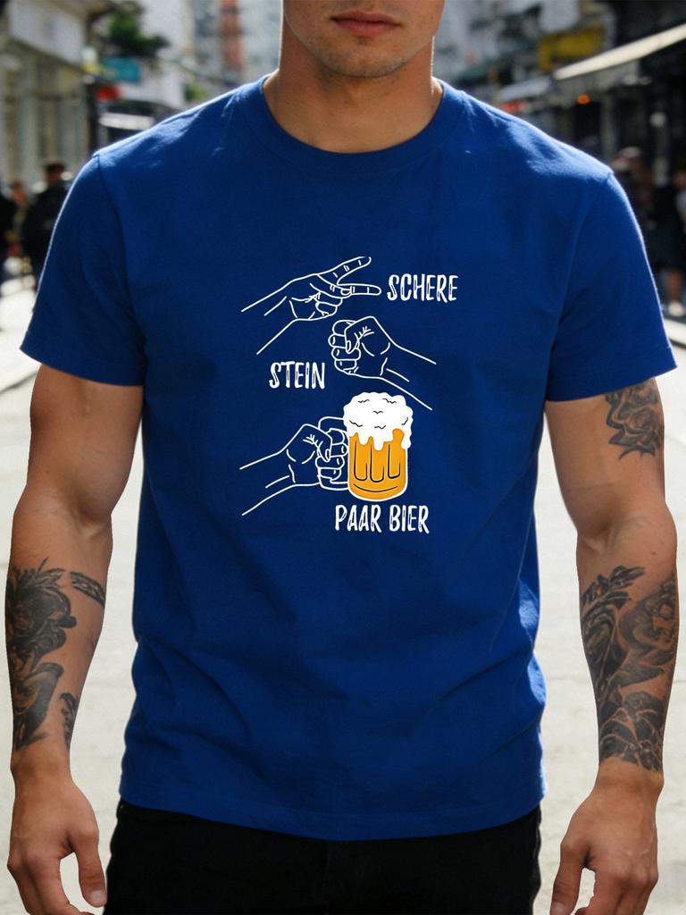 Unisex Navy Tee Gerunisex Rock Paper Beer Hand Gesture Text Print Short Sleeve Loose Casual Street Basic Top For Adult Male Daily Wear