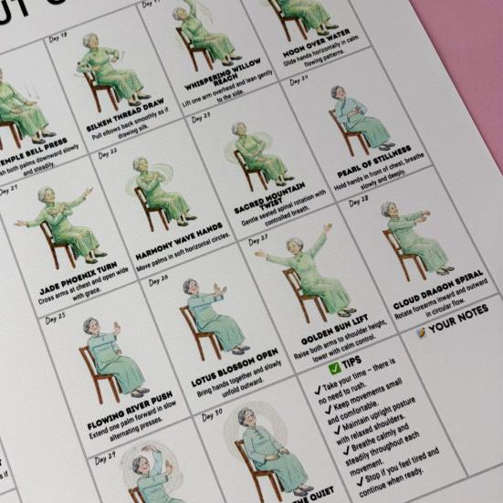 Tableau d'exercices de Tai Chi sur chaise pour seniors Plan d'exercices structuré de 30 jours avec Tai Chi assis et exercices de marche