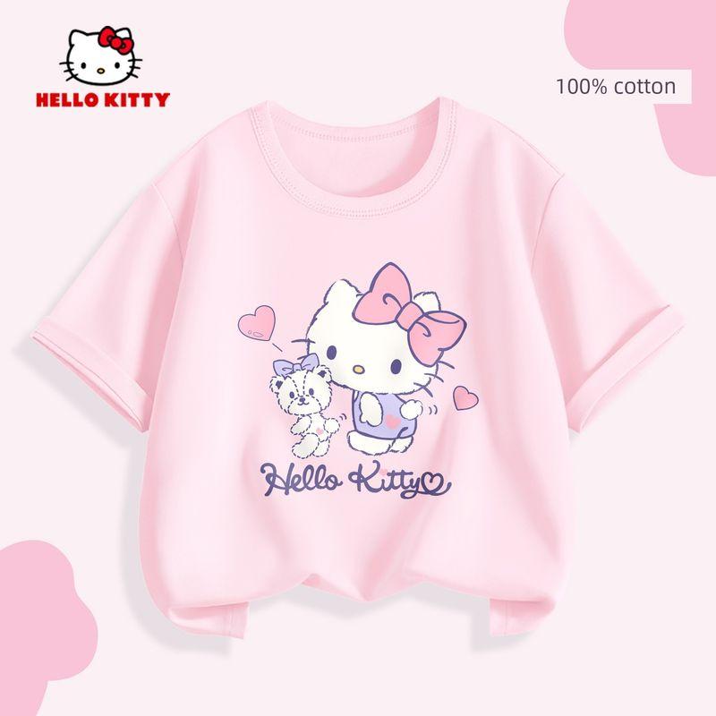 Kitty Girls' Pure Cotton Short-Sleeved Kidsren's T-Shirt Pink Little Girl Spring Wear Inner Wear Half-Sleeved Shirt for Small and Medium-Sized Kidsren