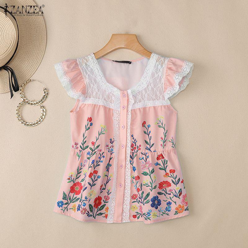 ZANZEA Women Elegant Lace Splice Square Collar Casual Sleeveless Floral Print Vest Tops