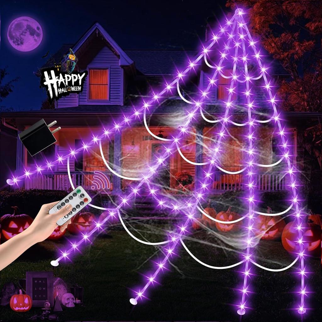 5m Giant Halloween Decorations Outdoor, 250 LED Lighted Spider Web 8 Lighting Modes Waterproof & Timer for Indoor Haunted House Yard Decor, Purple