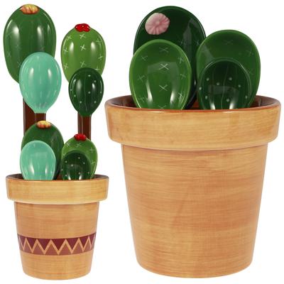 4 Pcs Porcelain Measuring Spoons Set with Base Cute Cactus Shape Stirring Soup Spoon Reusable Ceramic Flower Pot Measuring Spoon