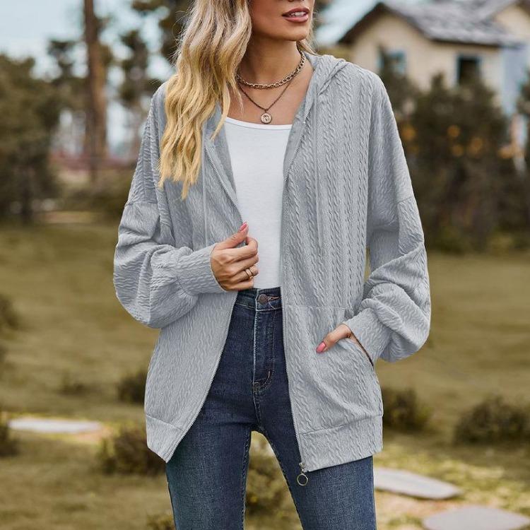 Women s Solid Color Loose Long Zipper V-neck Sweatshirt Jacket S серый