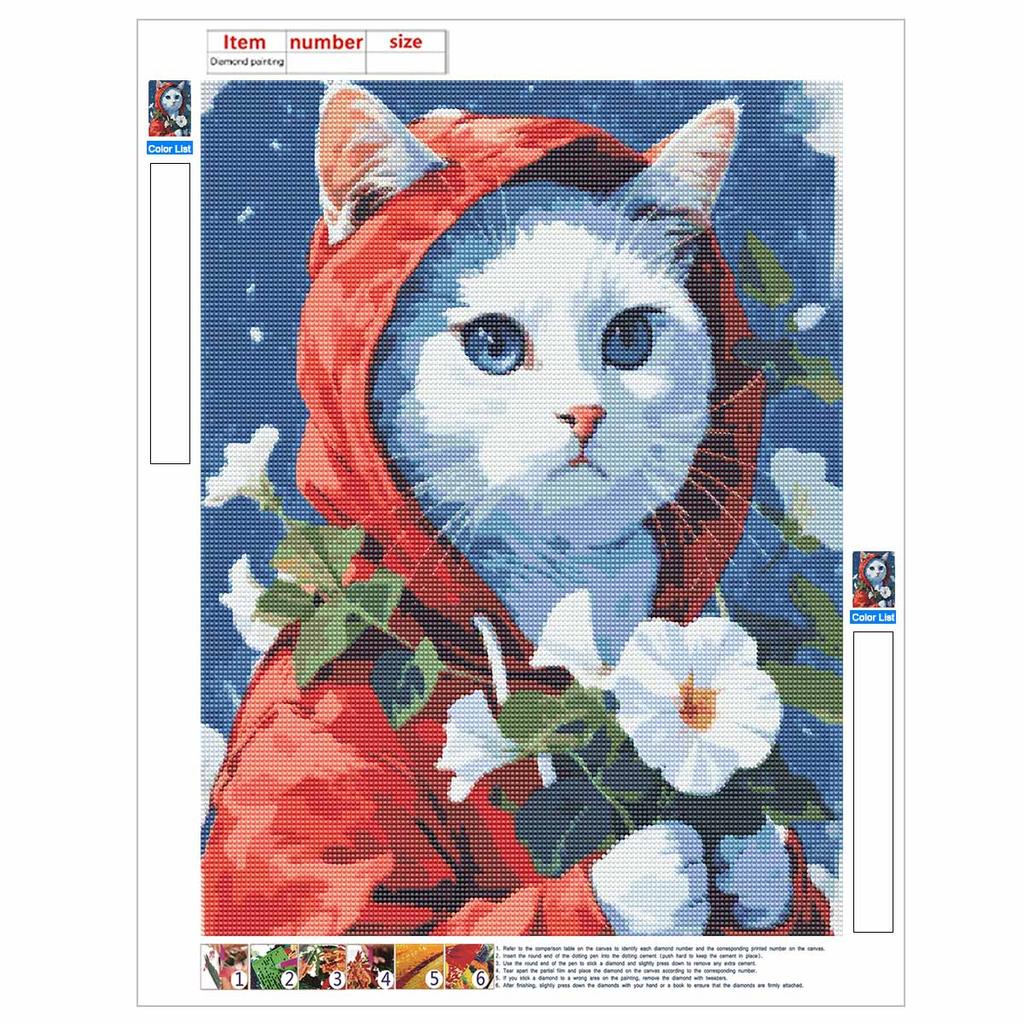 DIY Full Drill Diamond Painting Kit Cute Cat In Red Hood Floral Rhinestone Art Canvas for Cozy Home Decor Gift and Wall Art Supplies