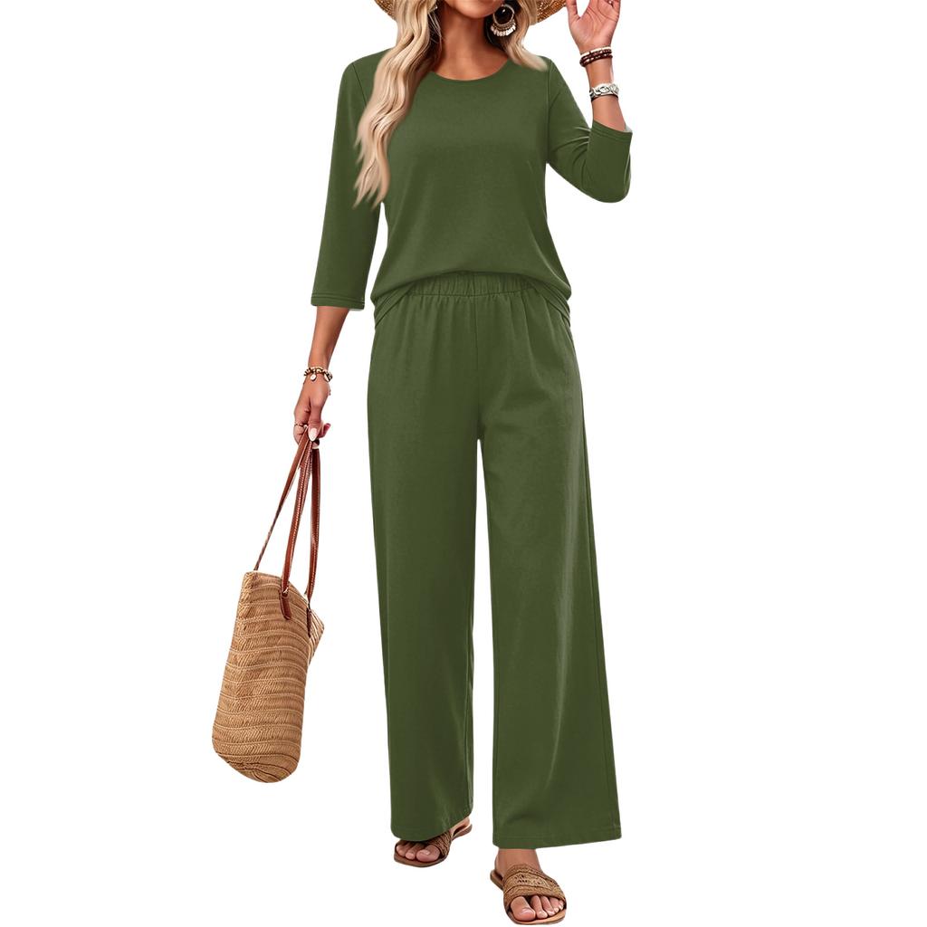 Women Casual Fashion Loose Fit Round Neck Three Quarter Sleeve Top Wide Leg Pants Set Lounge Wear Two Piece Outfit