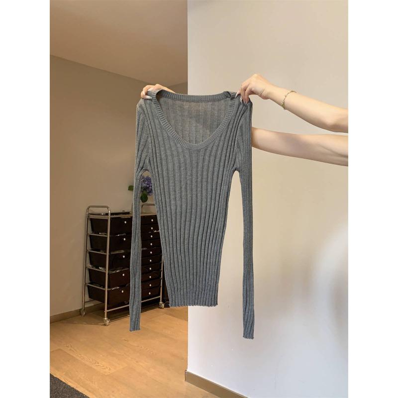 

Sweet collar slim fit pure desire to look thin knitted bottoming shirt autumn pit strip age reduction inner top sweater L серый