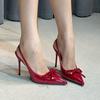 Wedding shoes high heels women's spring 2025 new bag head pointed head thin heel bow French temperament single shoes red