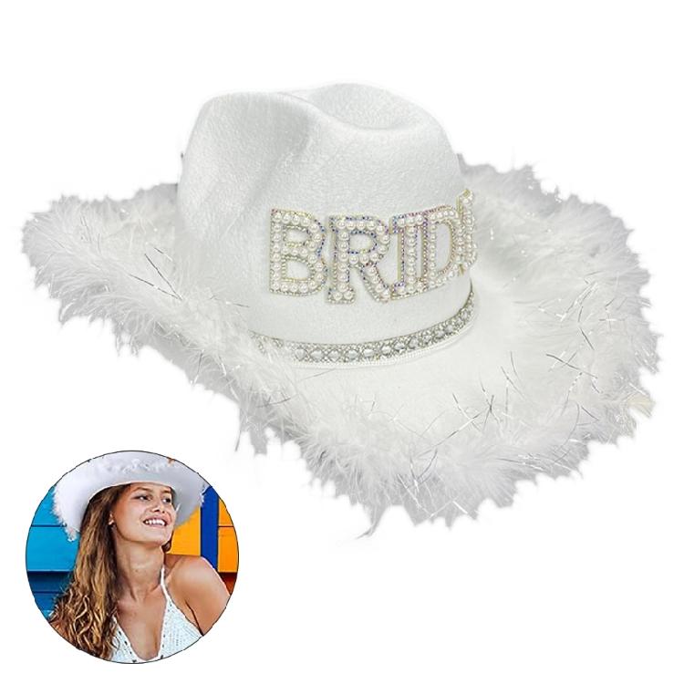 Spring Elegant Cowgirl Hat with Pearl BRIDE Letter Wedding Photo Sunproof Hat