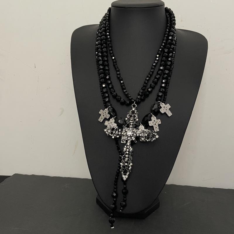 Elegant Multi-Layer Black Beaded Cross Necklace: Women's High-End Layered Clavicle Choker