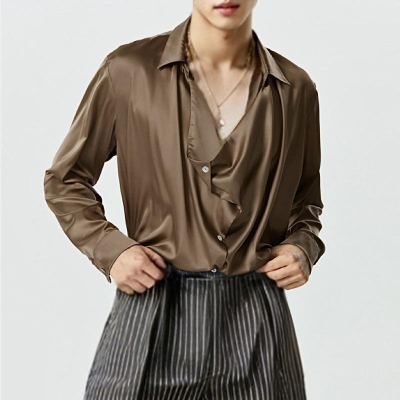 Autumn French-style Men's Lightweight Silk Shirt Commuting Flared Collar Long-sleeved Casual Loose-fit Shirt