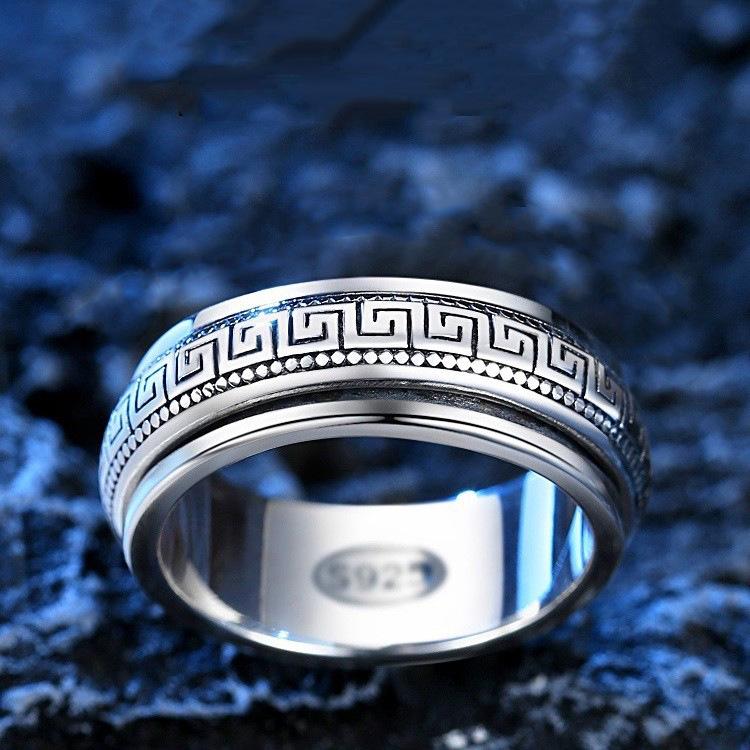 Herren Sterling Silber Rotierender Mäander Muster Ring, Personalisierter Retro Zeigefinger Ring, Stapelbar und Trendy.
