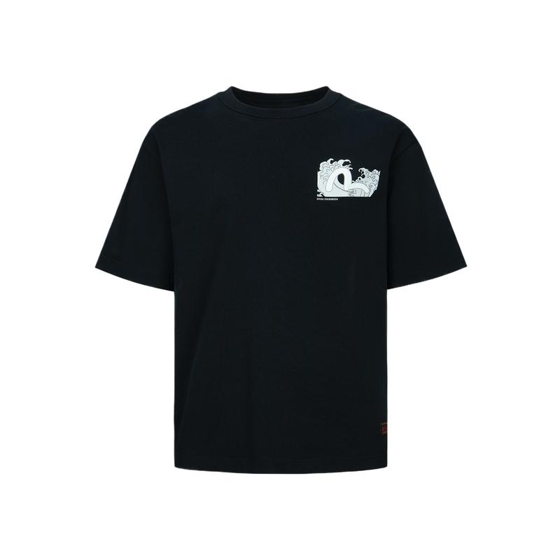 Evisu Seagull Wave Wash Distressed Print Crew Neck Pullover T-Shirt Men Tops Black 2ESHTM3TS574RXCT