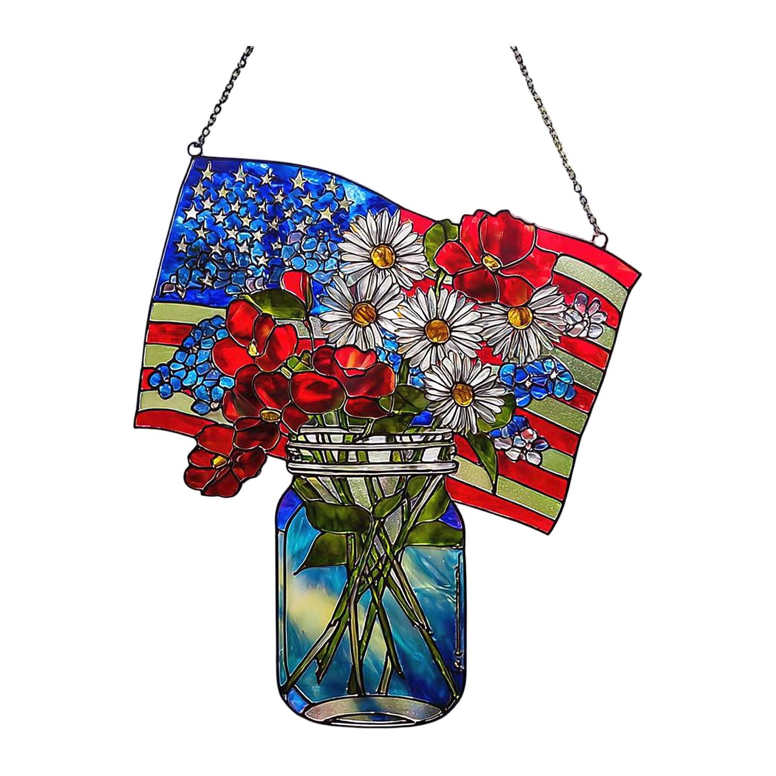 

Acrylic Hanging Ornament Featuring Floral Arrangement in Mason Jar with American Flag Background 2D Design for Home Decoration and Commemoration