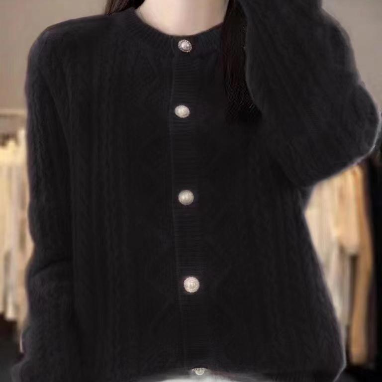 QICED Spring O-Neck Twist Sweater Coat Long Sleeve Stand Collar Solid Color Knitted Cardigan Blouse