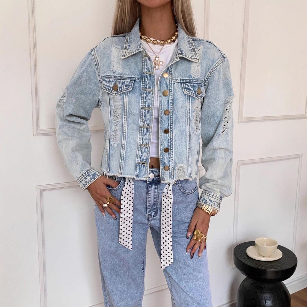 2026 Spring/Summer Women's Button Washed Ripped Raw Edge Denim Top