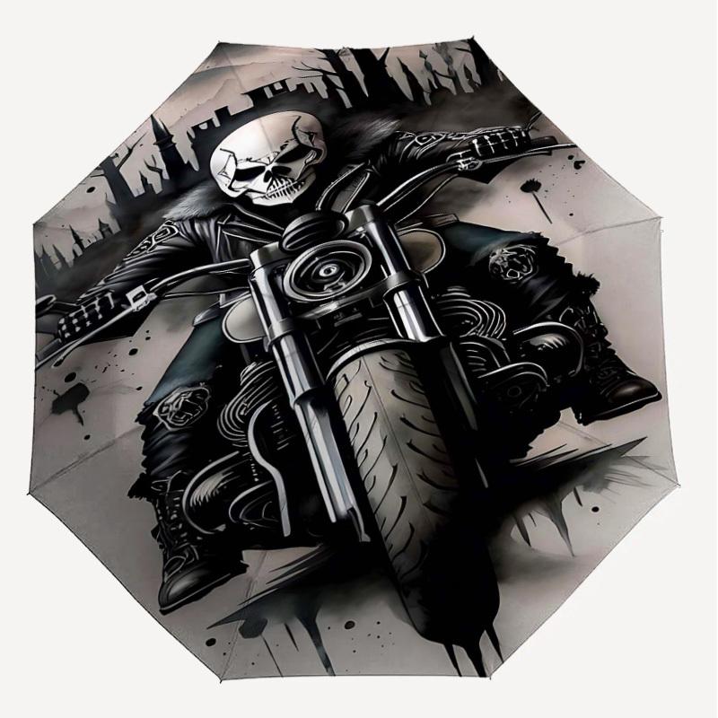 1pc Skull Biker Automatic Open/Close Umbrella Compact Folding Umbrella with 8-Rib Shaft for Women/Men, Elegant Birthday1211S