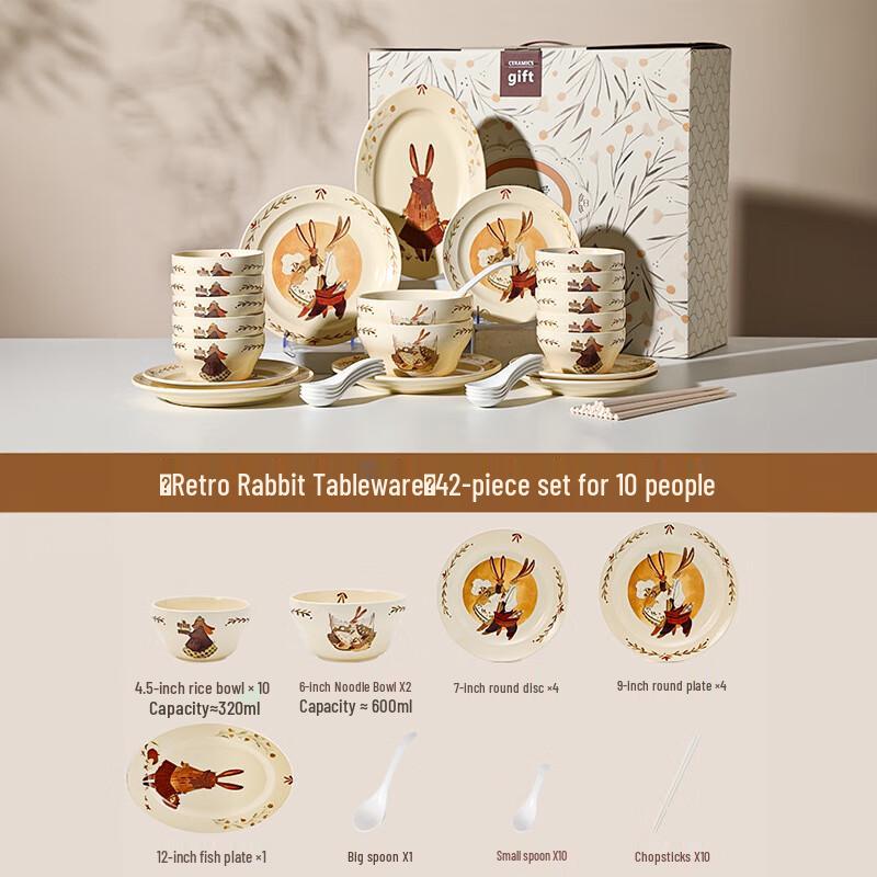 Retro Rabbit Cartoon Ceramic Dinnerware Set 10 Person