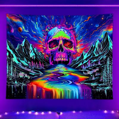 1pc Colorful Tapestry Skeleton Skull Mermaid Moon Print Fluorescent Oversized Tapestry for Birthiday Gift Home Party Wall Decor