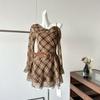 French retro plaid ruffle edge slanted shoulder dress women's irregular off-the-shoulder temperament short skirt