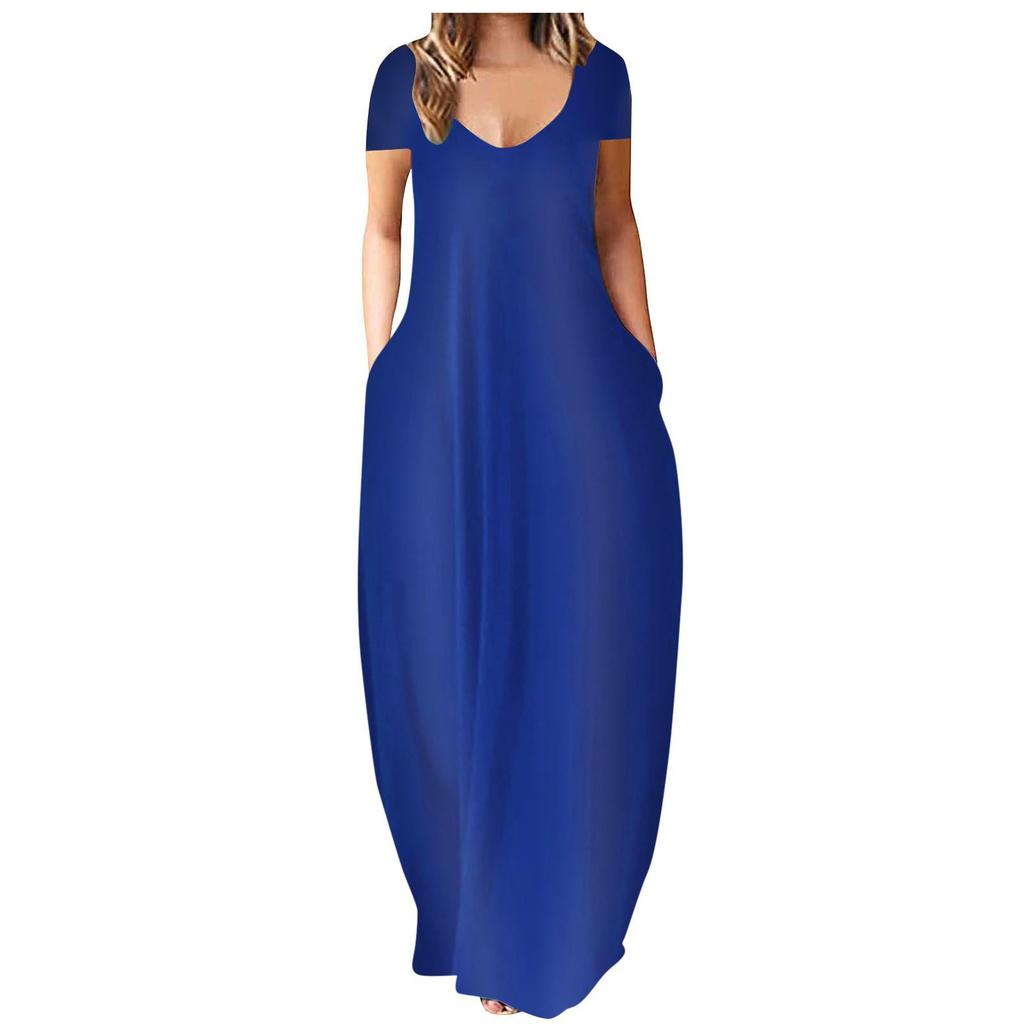 Summer hot sale large size women's clothing solid color sexy deep V-neck short-sleeved dress women