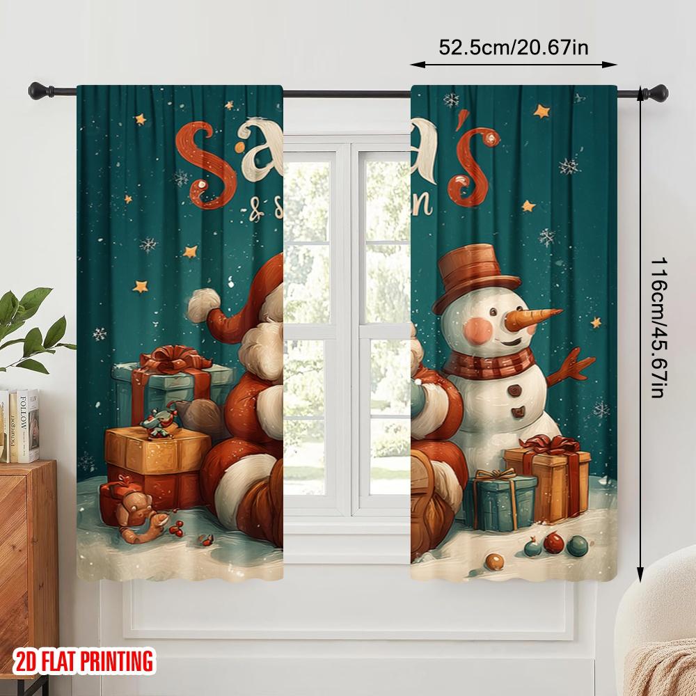 2pcs,2D Plane Printing Light Filtering Curtains Santa Claus and the Snowman Polyester Fabric (without Rod) All Seasons Perfect