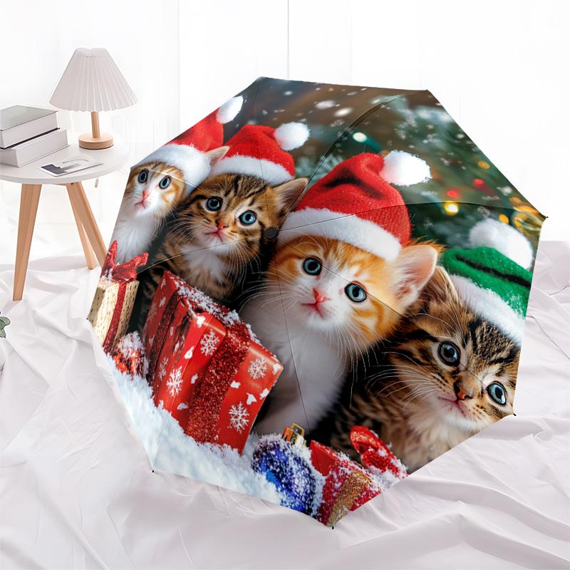 1 PC Automatic Folding Umbrella - Christmas Kittens Pattern, Portable & Foldable Design with 8 Ribs, Christmas Birthday Gifts