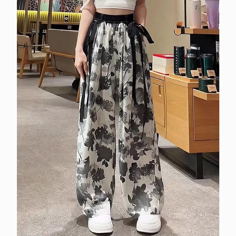 2024 Summer Ice Silk Wide-Leg Pants: Chinese Style, High-Waisted, Slim Fit, Casual, and Cool