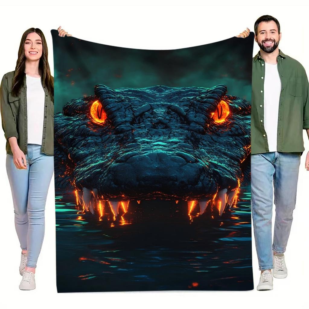 1pc Glowing Eyes Crocodile Throw Blanket - Dark Teal & Orange Accent, Soft Flannel All-Season Warmth for Home, Office, Camping