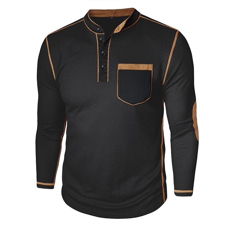 American Retro Men's Long-Sleeved Henry Collar T-Shirt Foreign Autumn and Winter Patchwork Waffle Tshirt Casual Tops