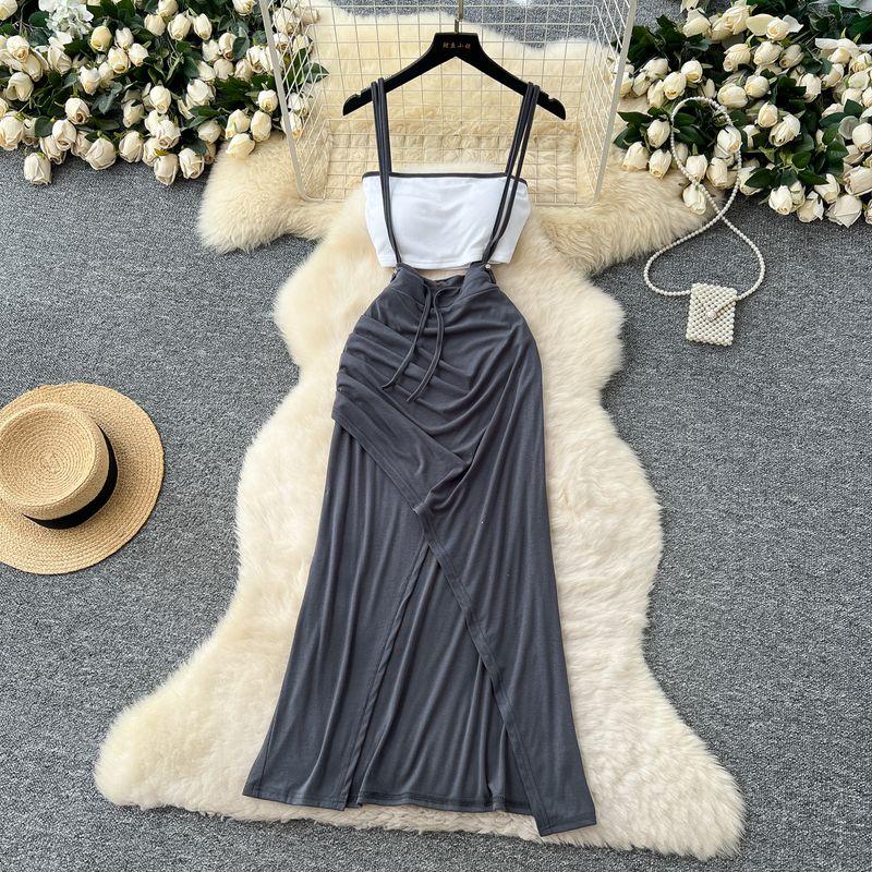 

Popular Online Celebrity Ins Niche Fashion With Chest Pad Cami + Design Split Irregular Skirt Set Dark gray One size