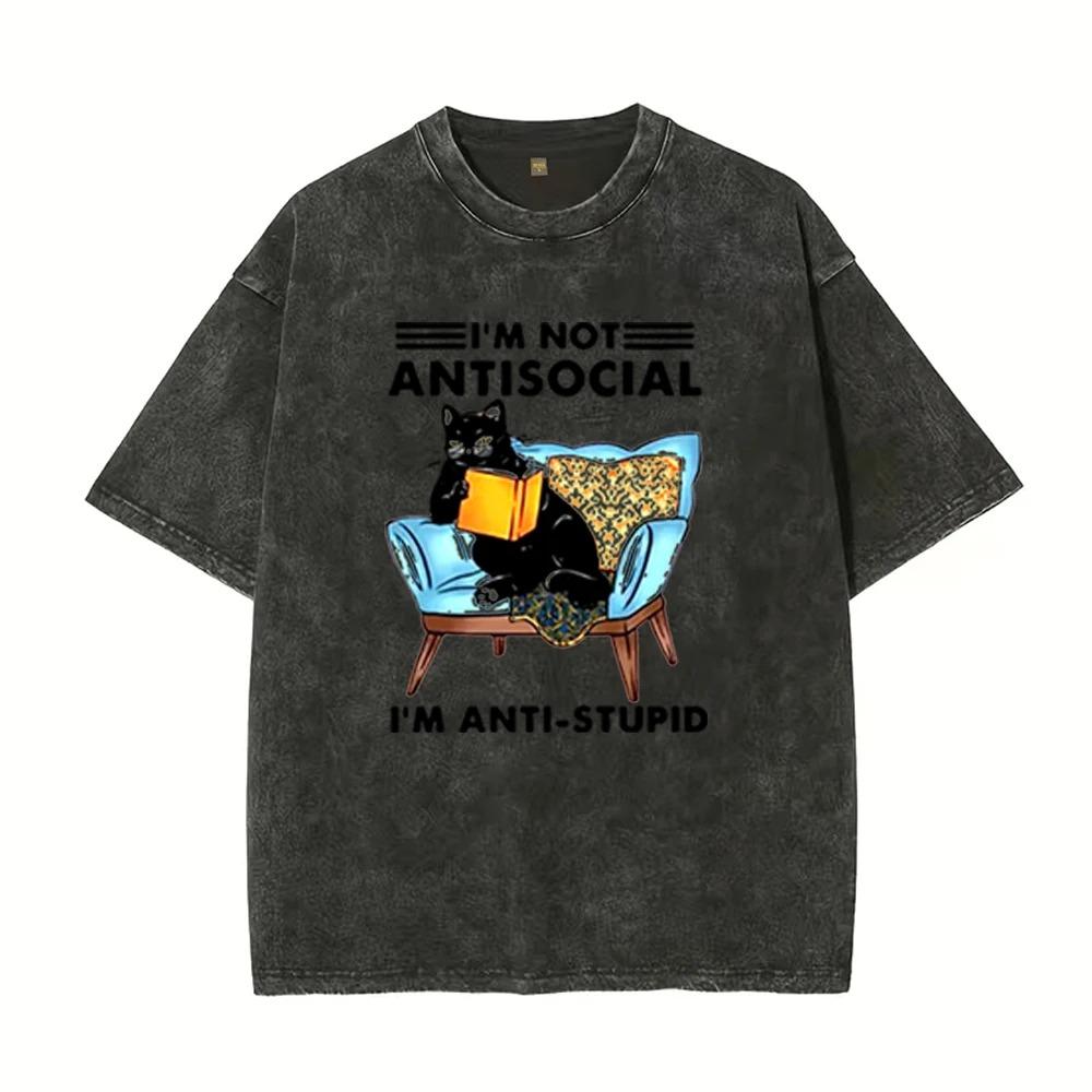 Fun Cat Reading Pattern Printed T-Shirt For Teenage Boys And Girls, Cotton Round Neck Fashionable Short Sleeved T-Shirt Harajuku S разноцветный