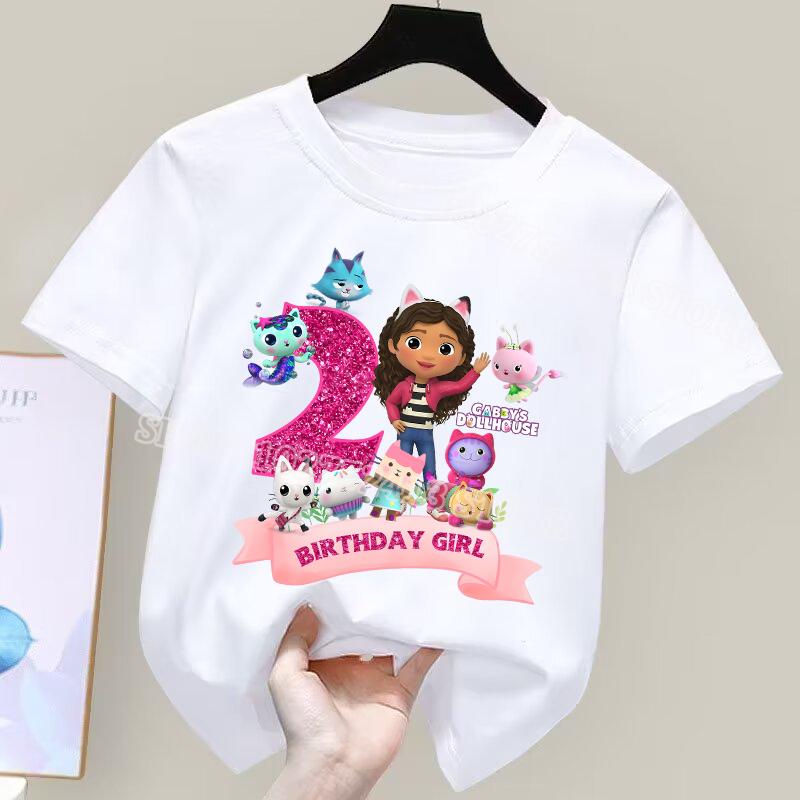New Gabby Dollhouse Number T-Shirt Simple Basic Cotton Tops Cute Anime Cartoon Print Sweet Girls Birthday Clothes