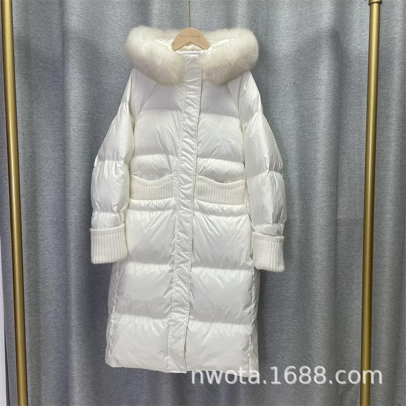 Long white duck down jacket women's new knee thickened hooded big fur collar loose large size tide