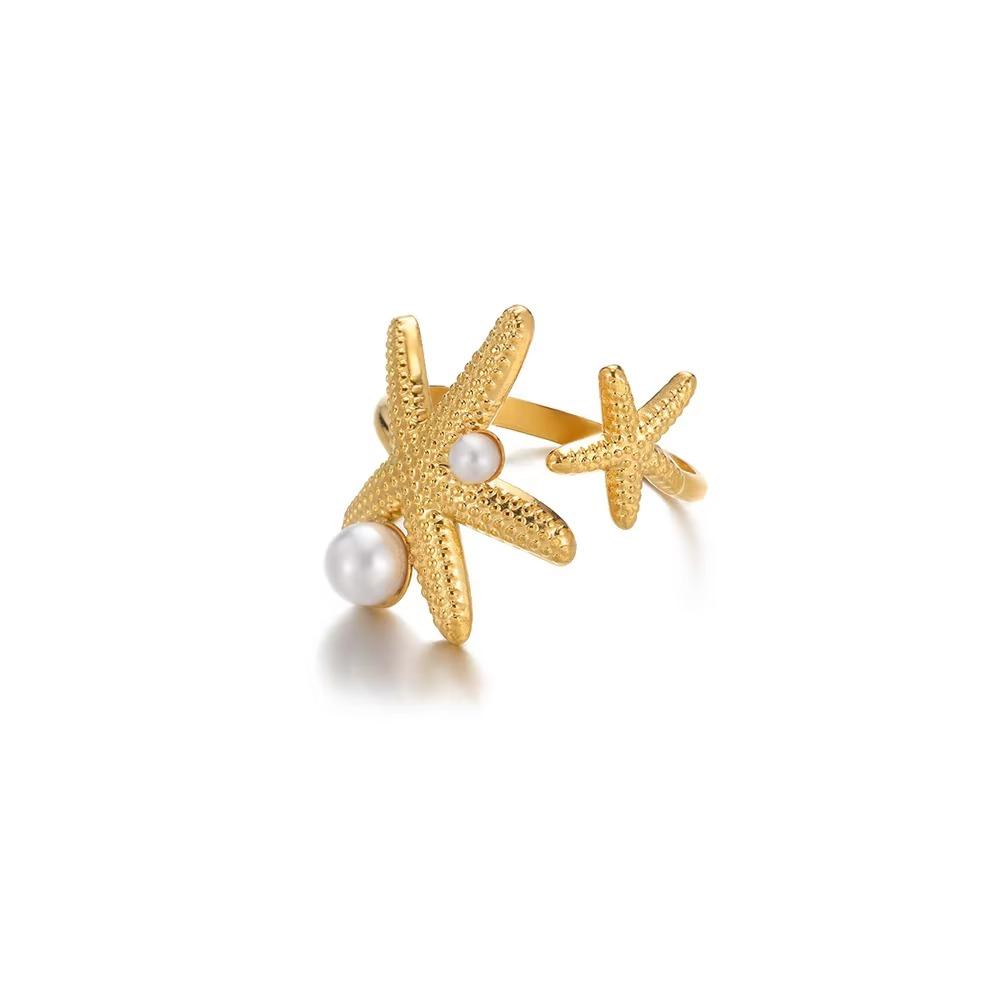 Summer Beach Starfish Rings For Women Gold Pearl Starfish Ring Stainless Steel Jewelry Vacation Party Accessories