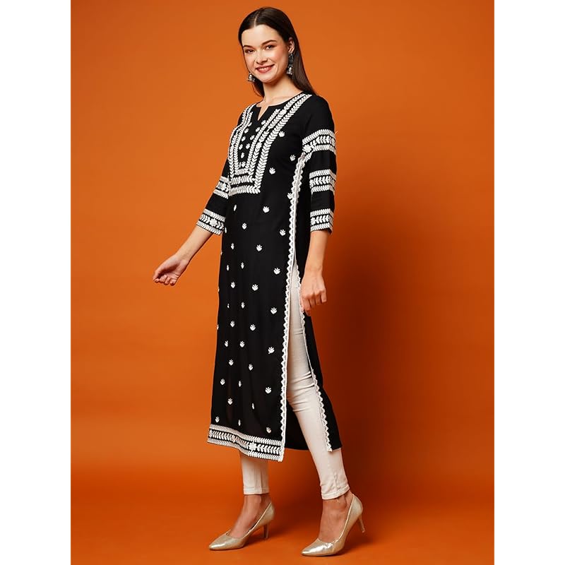 GoSriKi Women s Cotton Blend Chikankari Embroidered Straight Kurta (STHO-Yellow-NW-GS_S_Yellow_Small) S чёрный