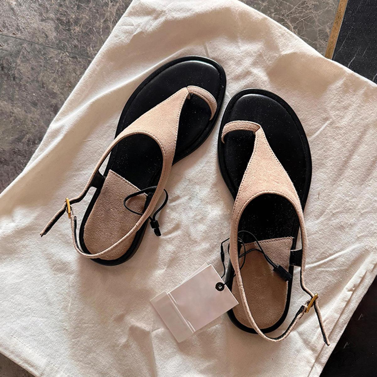 

Soft leather version~ retro matte leather cover toe sandals women s round head outer wear casual vacation style word with flat shoes 40 абрикосовый