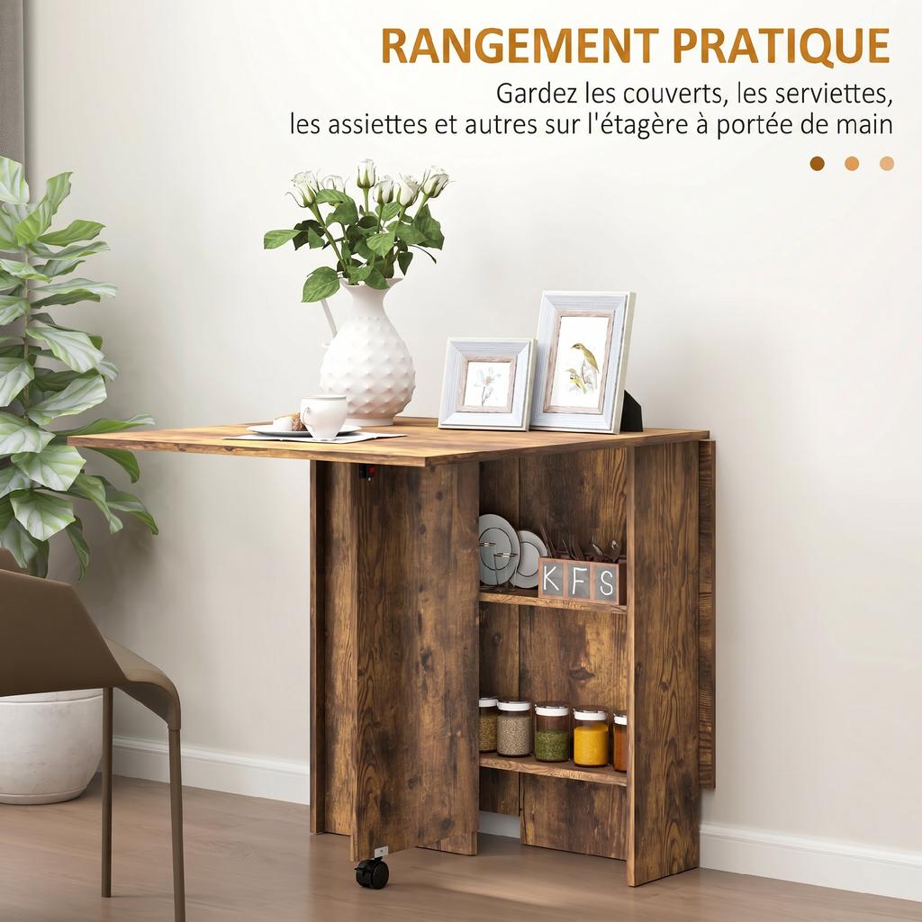Folding Dining Table on Wheels, 2 Drop Leaves, 2 Shelves, 140 x 80 x 74 cm, Rustic Brown