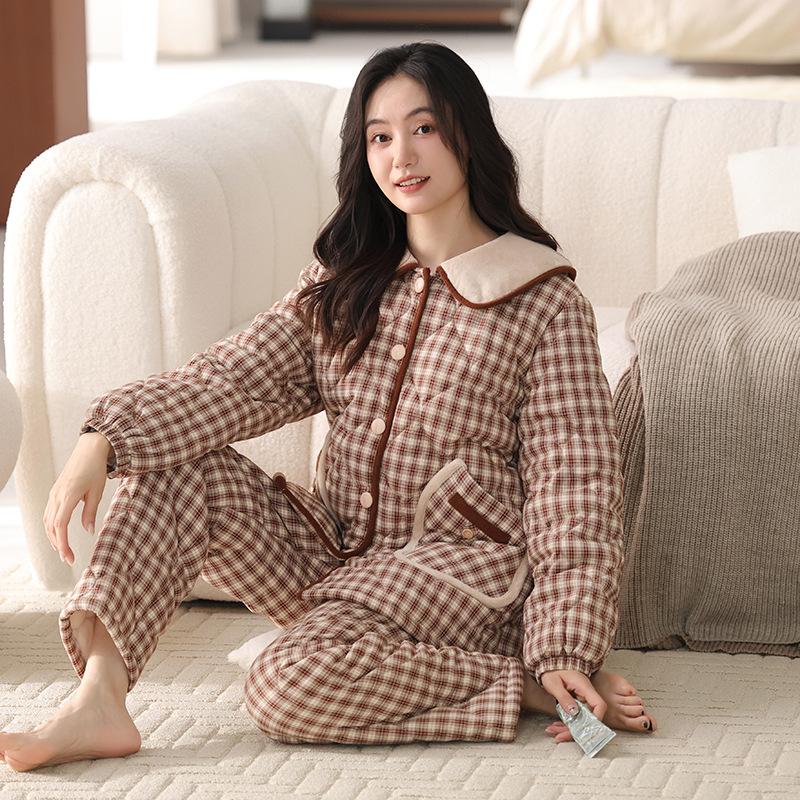 Three-Layer Woven Pure Cotton Padded Pajamas, Women'S Winter Thickened And Velvet Padded Jackets, Warm Loungewear Can Be Worn Outside