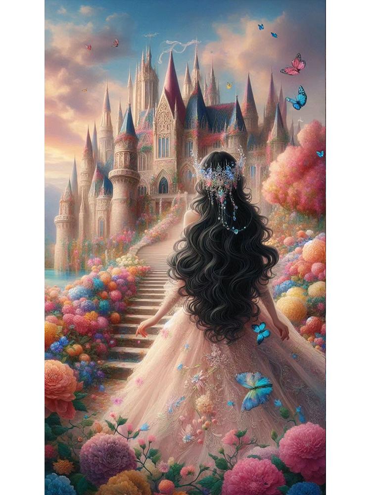 DIY 5D Diamond Embroidery Long Color Dress Princess Back Painting Mosaic Jewelry Cross Embroidery Palace Castle Home Decoration