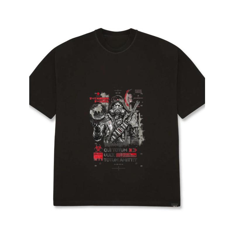 White T Shirt with Astronaut and Weapon Graphic Print and Latin Text for Casual Streetwear Style