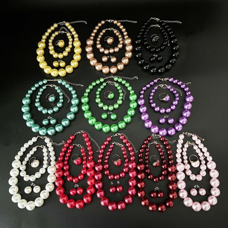 Elegant Korean Vintage Pearl Necklace Set Women Choker Chain Earrings Bracelet Wedding Bridal Formal Dress