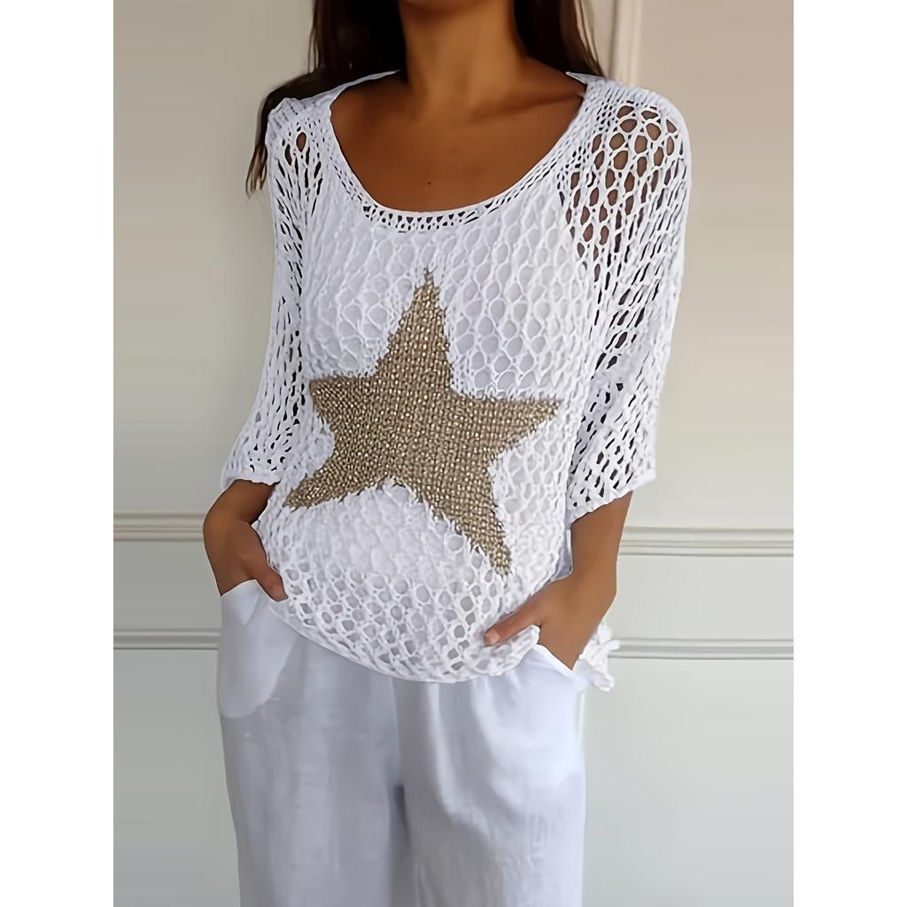 Women's Sweater Loose Hollow Knit Star Cardigan Round Neck Sun Shirt Summer Swimsuit Cover Up