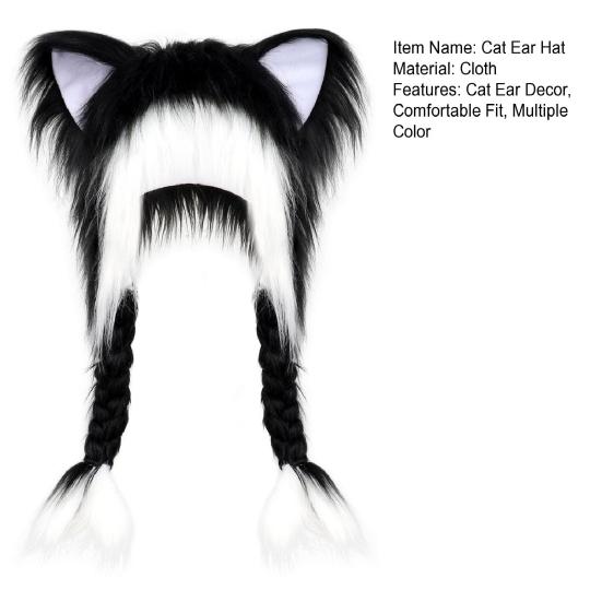 Cat Ear Hat with Braids Double-Layer Ears Decor Soft Plush Anime Cosplay Hat