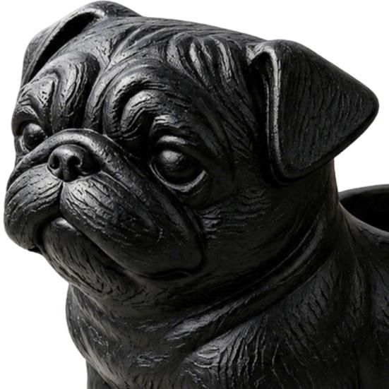 3D Printed Pug Figurine Planter, Realistic Dog Statue with Back Planting Slot, Matte Black Decor for Succulents Mini Plants Herbs, Multi-use Storage