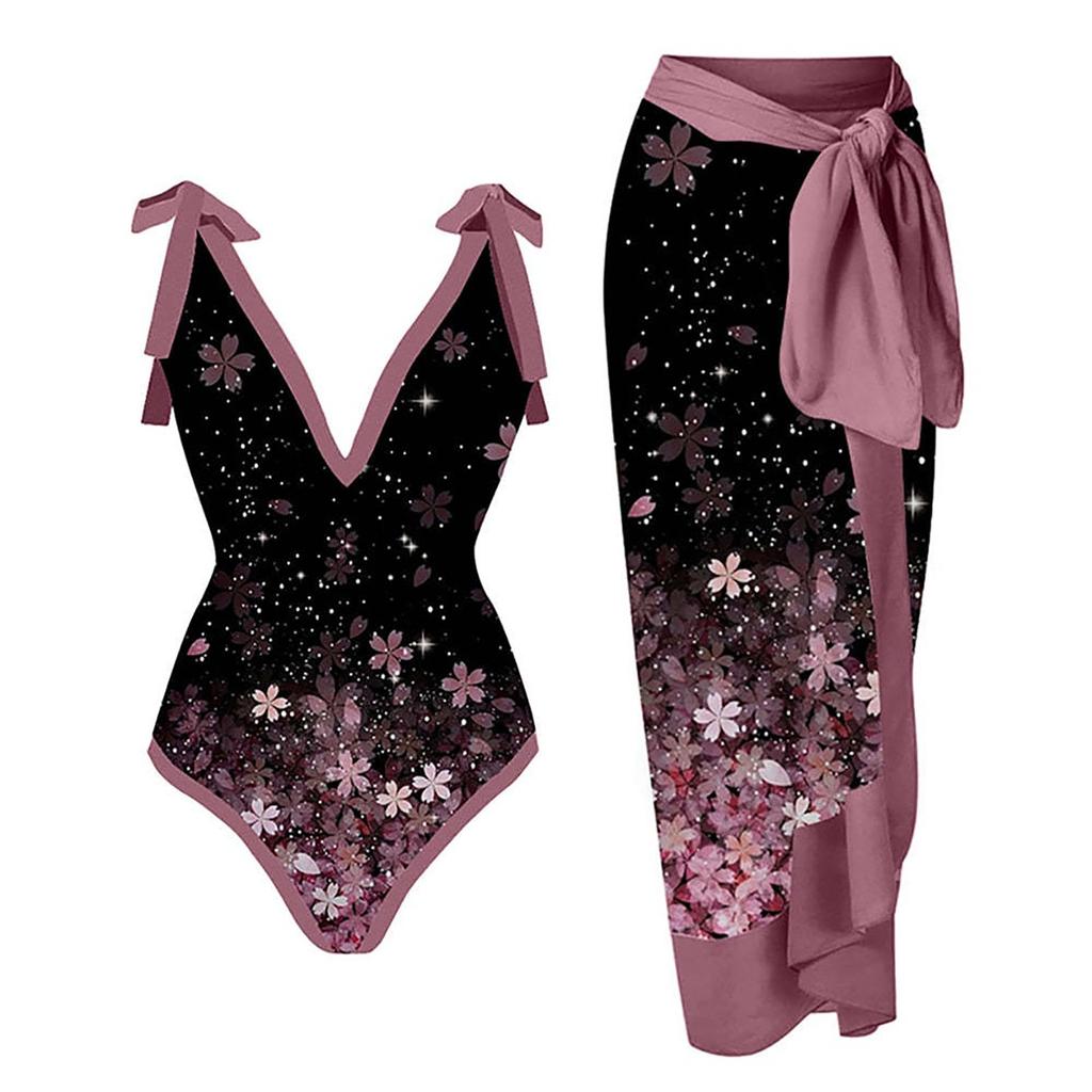 Women's Sexy One-Piece With Printed Swimsuit Long Skirt Set