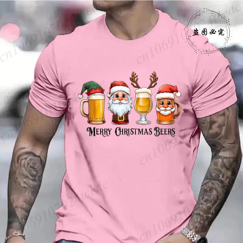 Cotton Funny Christmas Drinking T-Shirt  Merry Christmas Santa Beer Print T-Shirt Men Fashion Casual Short Sleeves Breathable Tshirt Tees Tops