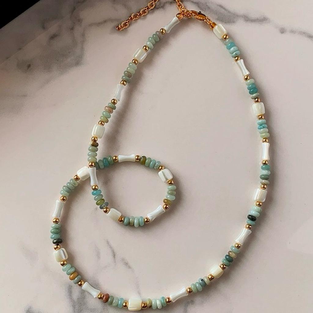 

New Chinese Green Natural Stone Bamboo Fritillary Beaded Necklace Women S Metal Color Matching Mixed And Matched Collarbone Chain Temperament Neck