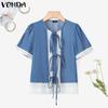 Women Casual Short Sleeve Lace Patchwork Bow Knot Cropped Blouse