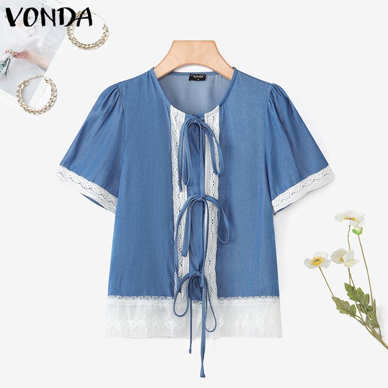VONDA Women Casual Short Sleeve Lace Patchwork Bow Knot Cropped Blouse